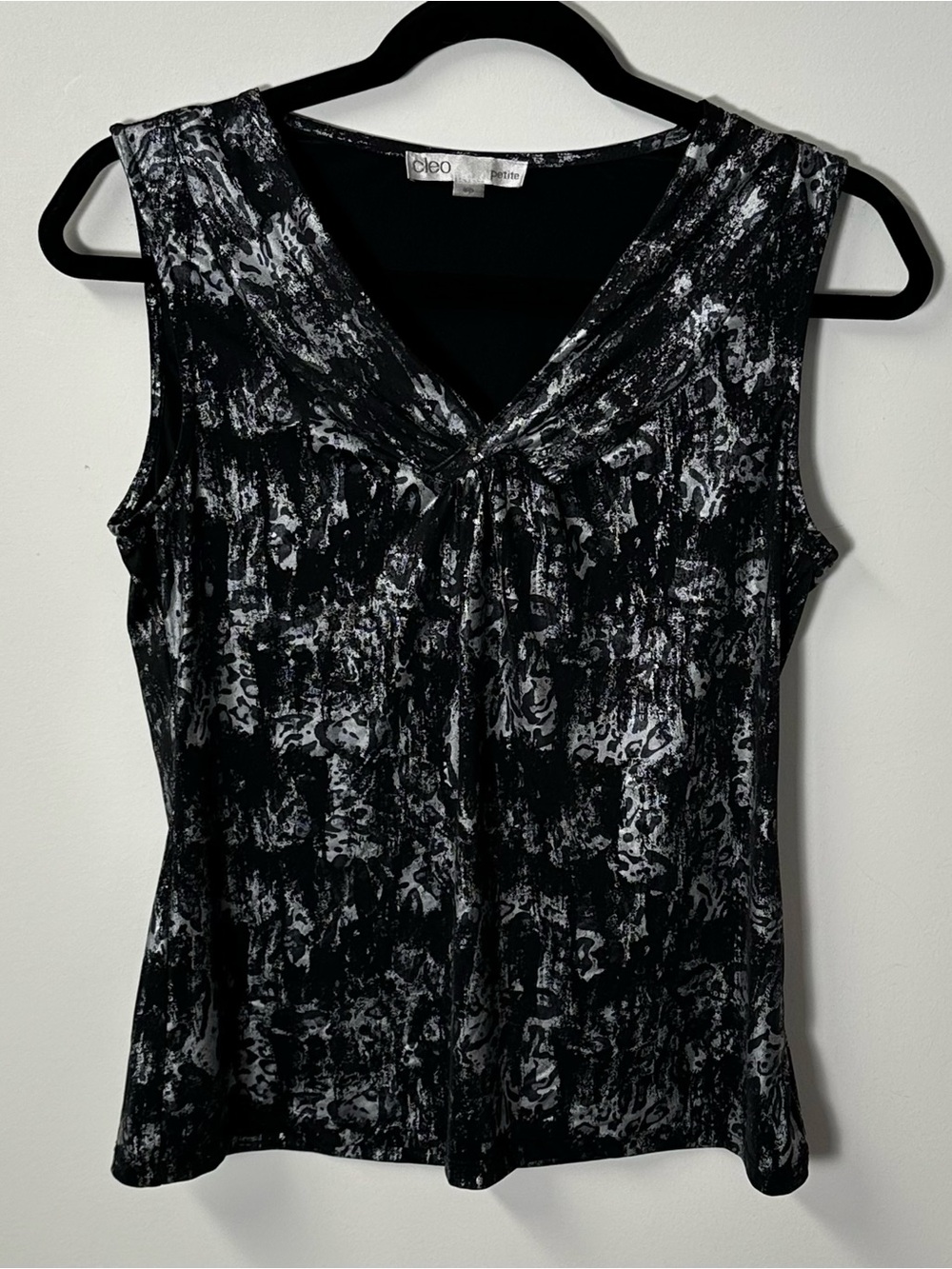 Y2K CLEO PETITE women's black silver metallic animal print graphic blouse, P/S.